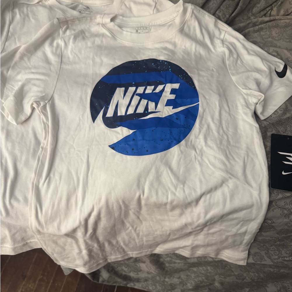 Nike White Tee with Blue Logo